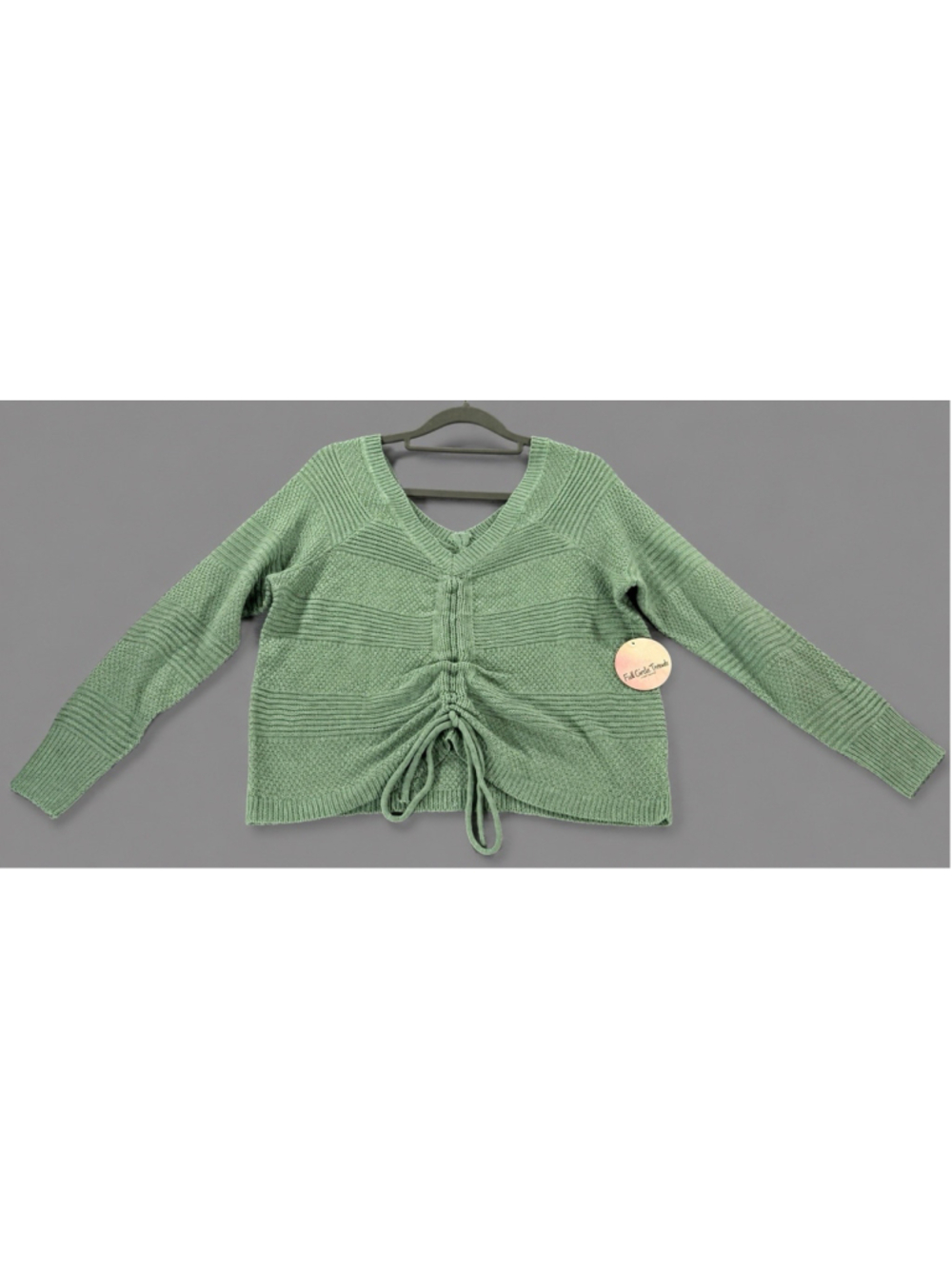 Full Circle Trends Womens Small Green Knit Cropped Ruched Drawstring Top Sweater
